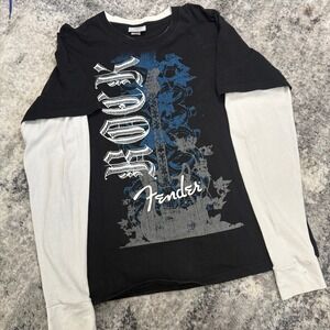 Fender Mens 2-in-1 Layered Long Sleeve Graphic T-Shirt Black White XXL Rock Roll